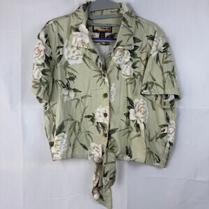 Havana Jacks Cafe Retro Green Floral Front Tie Short Sleeve Button Up Blouse L